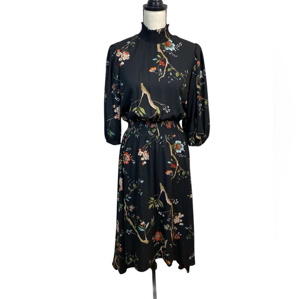 NWT Nanette Lepore Nigh Neck Black Floral Midi Dress Size 6